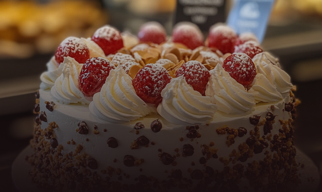 Elegant cake with white icing and berries