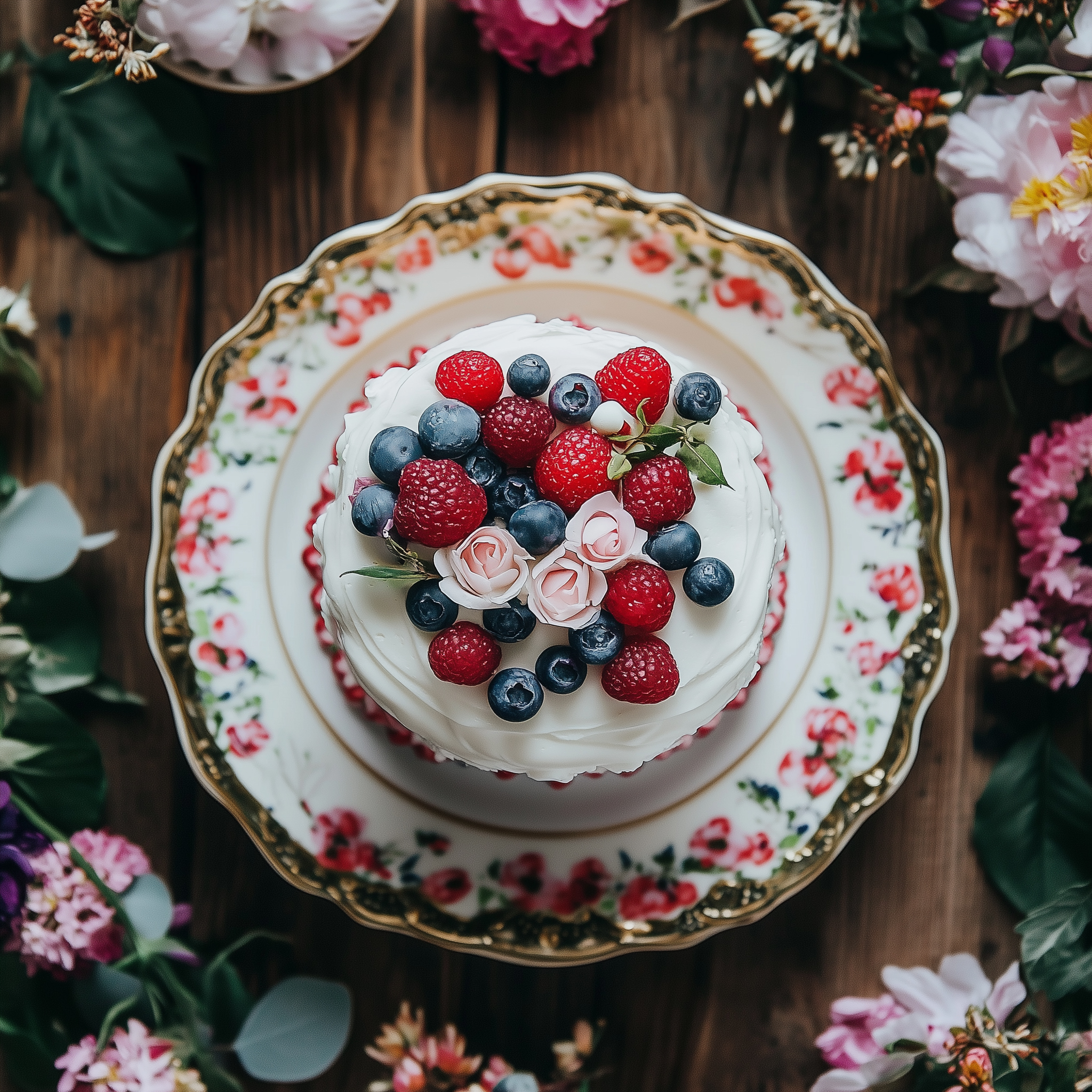 Round cake with icing and flowers